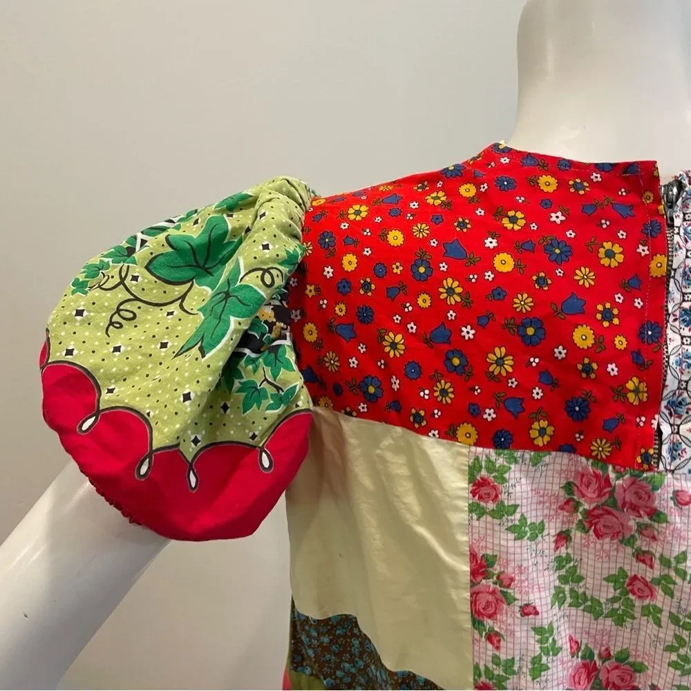 VINTAGE Floral Printed Cotton Patchwork Puff Sleeve Mini Dress - Picture 3 of 10